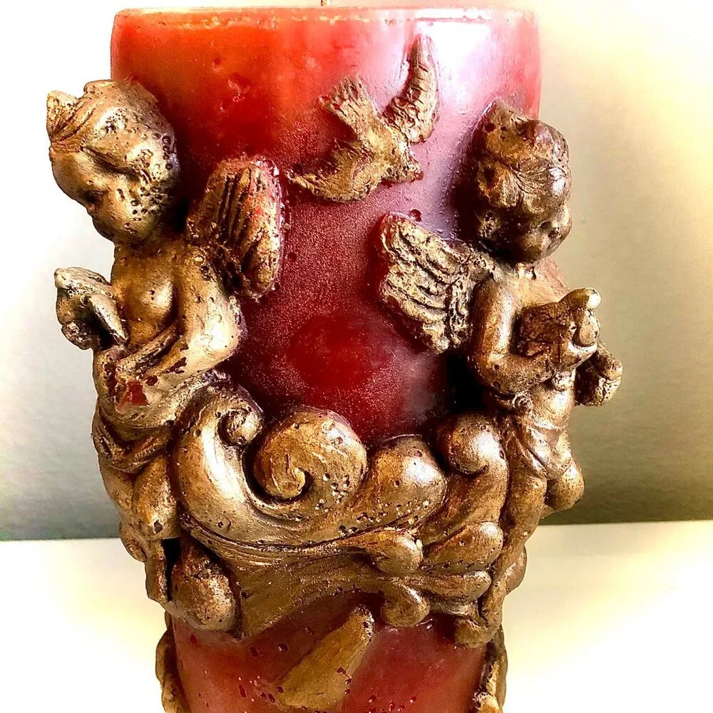 MAC Sculpture California XLG Sculpted Cherub Angel Pillar Candle Burg Gold 15x9